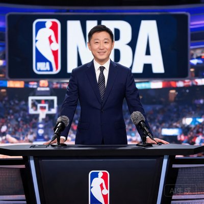 NBA首席解说员张明，身穿西装，面带微笑站在解说台前